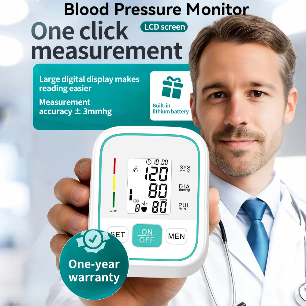 Upper Arm Blood Pressure Monitor Digital Automatic Sphygmomanometer Tensiómetro Large LCD Display Voice Broadcast High Precision USB Rechargeable Heart Rate Pulse Meter for Elderly Home Health Care