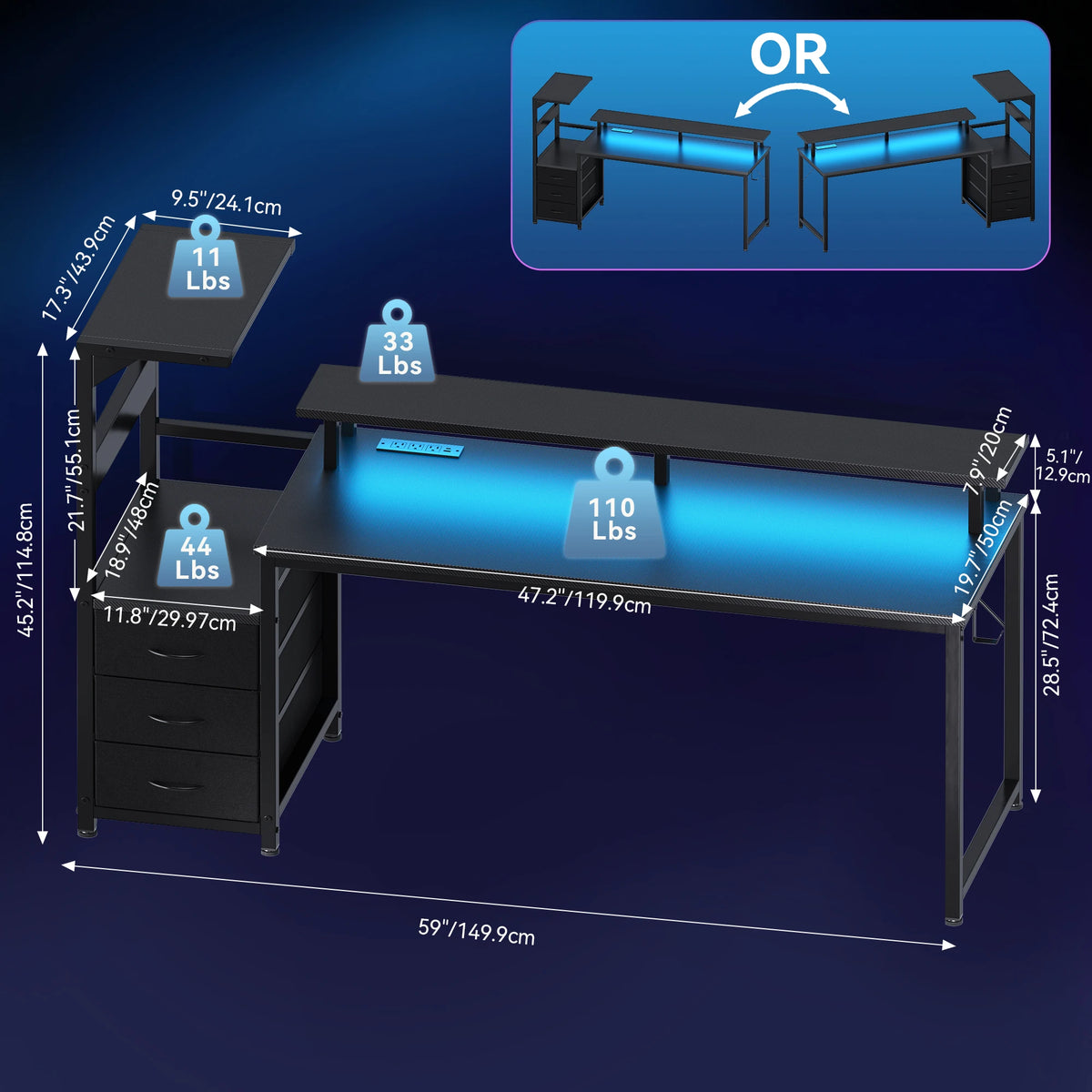 JHK 52In to 59In Gaming Desk with 3 Storage Drawers Wood Office Computer Desks with LED Lights Power Outlets for Office Bedroom
