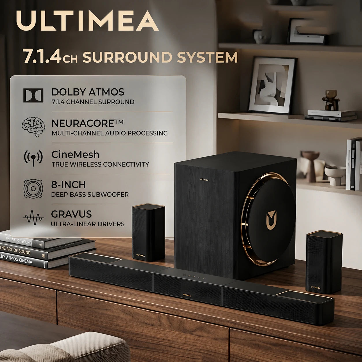 Skywave X60 840W 7.1.4ch Soundbar for TV with Dolby Atmos, Surround Sound System with 8'' Wireless Subwoofer&2 Speakers