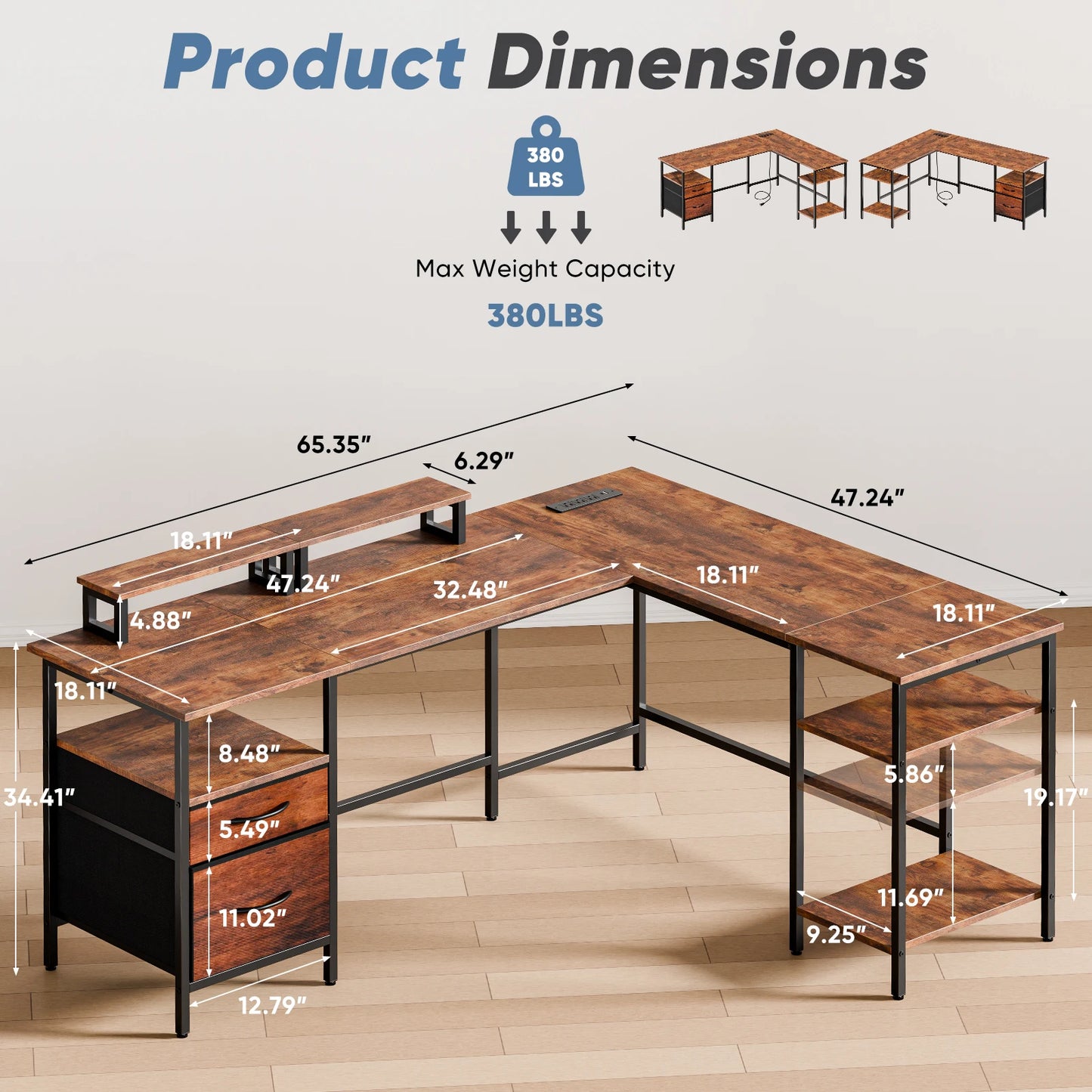 JHK 62IN L Shaped Computer Desk with 2 Drawers Wood Table with Adjustable Storage Shelves Charging Station Desk for Office