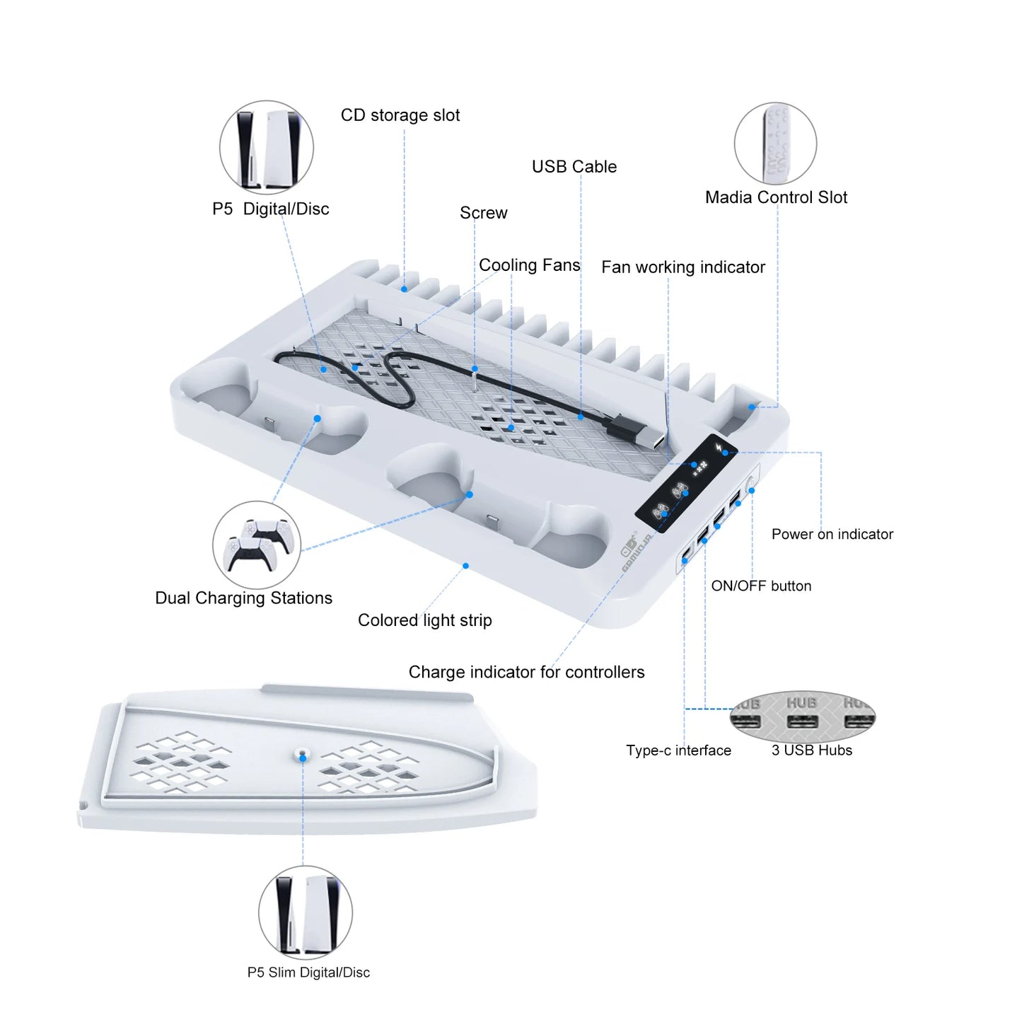 GAMINJA P58 RGB Cooling Stand For PS5 Slim Console Gamepad Charging Base Headset Hook Game CD Storage Rack For PS5 Disc&Digital