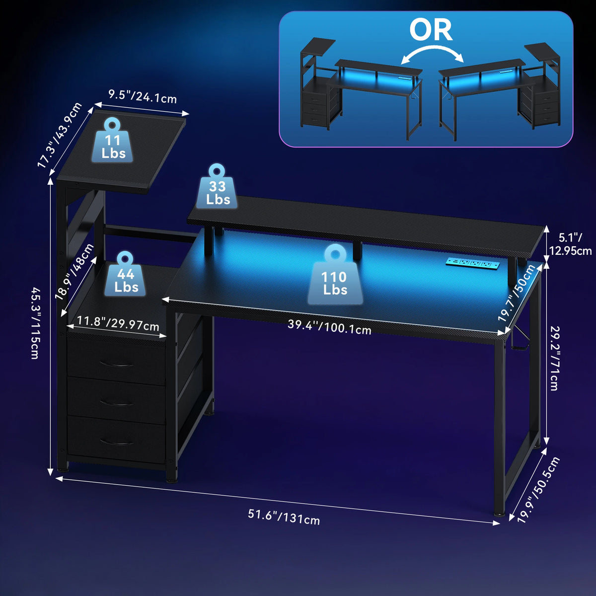 JHK 52In to 59In Gaming Desk with 3 Storage Drawers Wood Office Computer Desks with LED Lights Power Outlets for Office Bedroom