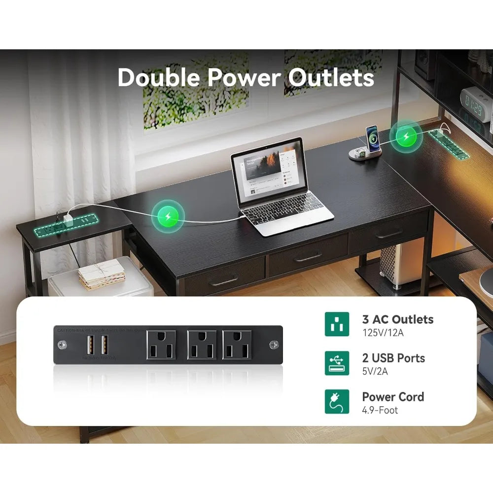 79 inch L-shaped office desk with 5 drawers, reversible L-shaped gaming desk with LED lights and 2 power sockets, computer desk