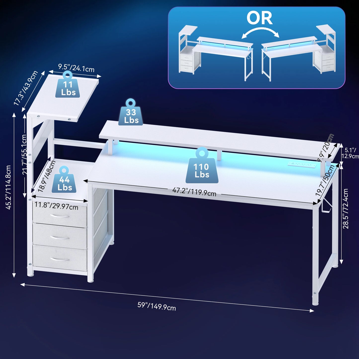 JHK 52In to 59In Gaming Desk with 3 Storage Drawers Wood Office Computer Desks with LED Lights Power Outlets for Office Bedroom