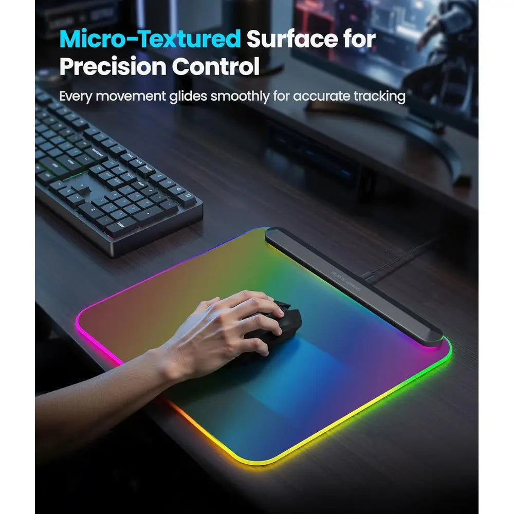 RGB Illuminated Gaming Mouse Pad with 6 Modes, USB 2.0 & Type-C Ports, Detachable Cable, Anti-Slip Base (13.4 x 12.2)