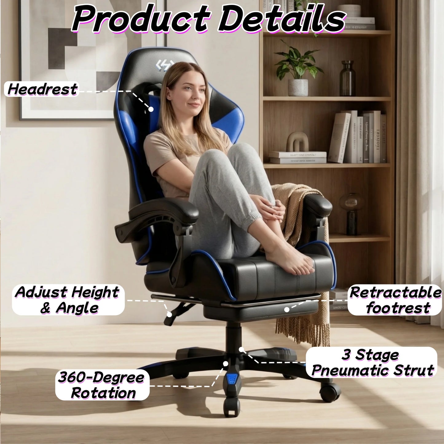 Ergonomic Gaming Chair, PU Leather Computer Office Chair for Adults, Adjustable Height & Reclining Backrest Angle, 360° Swivel Gaming Desk Chair with Lumbar Support, Headrest and Retractable Footrest